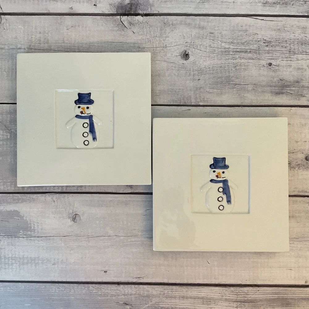 Crate‎ & Barrel Snowman Trivet Set 2 Ceramic 8in Square Italy Stefani Ceramica